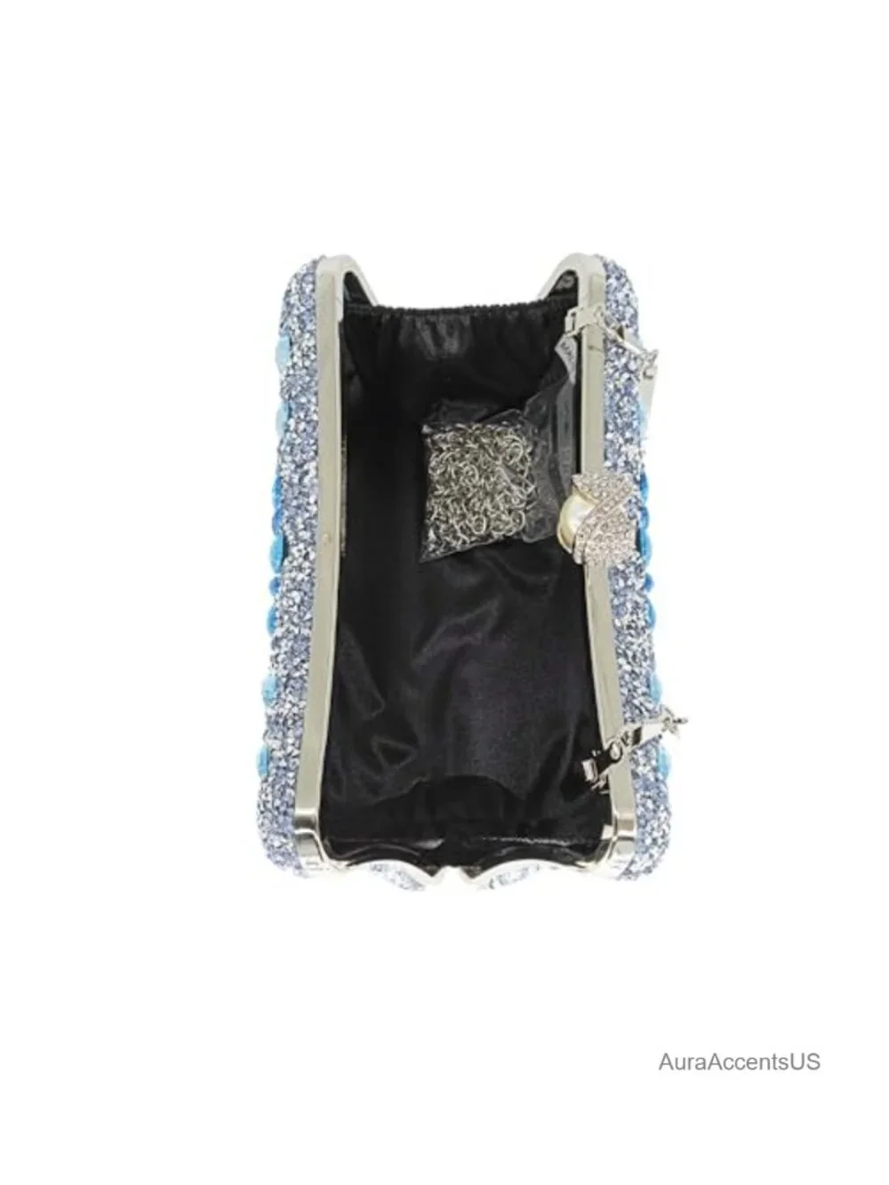 Crystal Rhinestone Clutch Evening Bag with Pearl Clasp and Detachable Chain